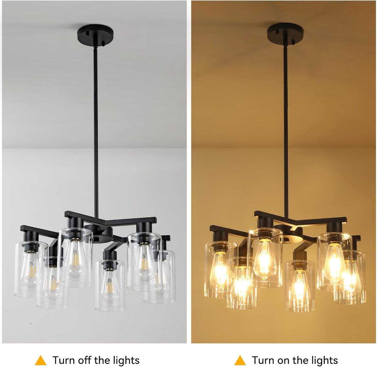 6-Light Modern Farmhouse Black Chandelier, Dining Room Light Fixture Over Table Adjustable Height Hanging Industrial Pendant Lights Kitchen Island, Clear Glass Shade