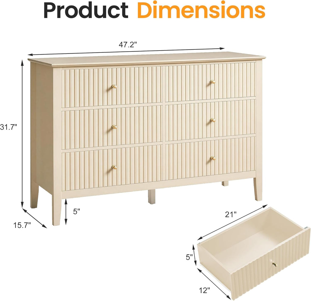 RoyalCraft Beige 6 Drawer Dresser, Fluted Modern Wood Chest of Drawers, Long Dresser for Bedroom TV Stand Storage Cabinet for Living Room