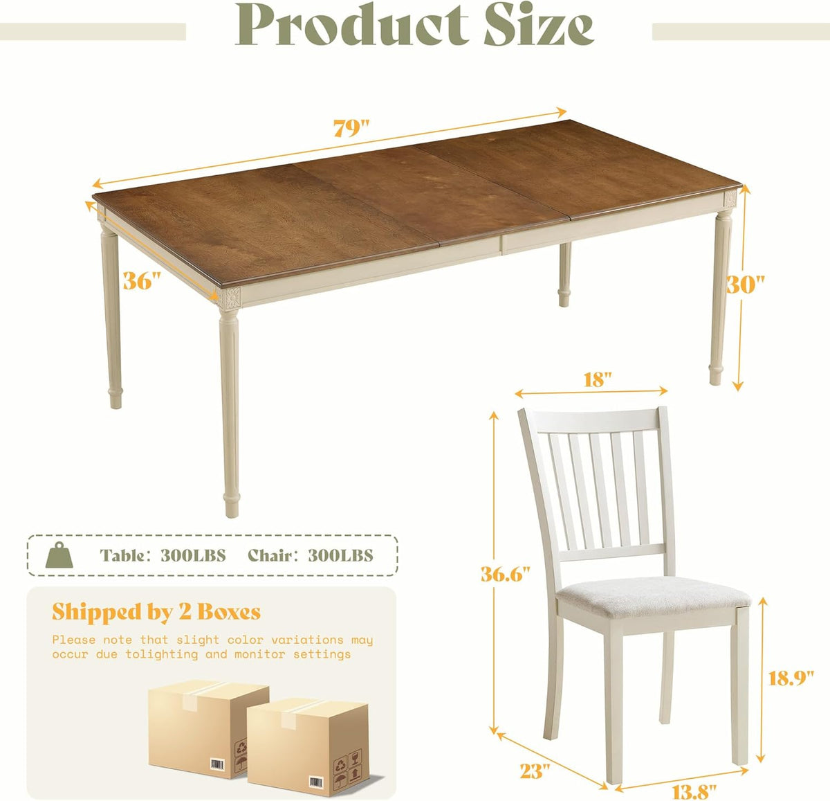 AMERLIFE 9-Piece Farmhouse Solid Wood Dining Table Set with 8 Upholstered Chairs, Roman Conical Legs, Seats up to 8, 79'' Dining Table & Chairs Set for Kitchen and Dining Room, Rustic Cream