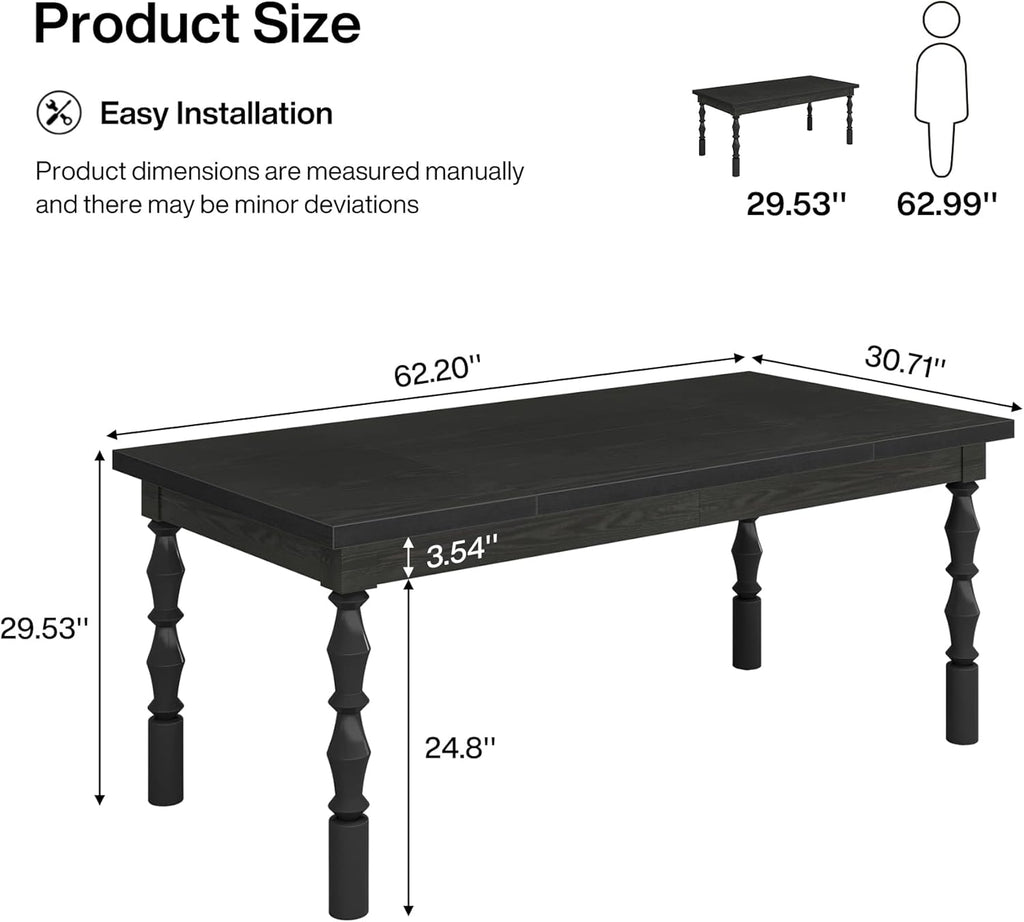 Tribesigns Wood Black Dining Table for 4-6 People, 62” Farmhouse Large Rectangle Kitchen Table, Modern Dinner Table Kitchen & Dining Room Furniture with Carved Turned Legs