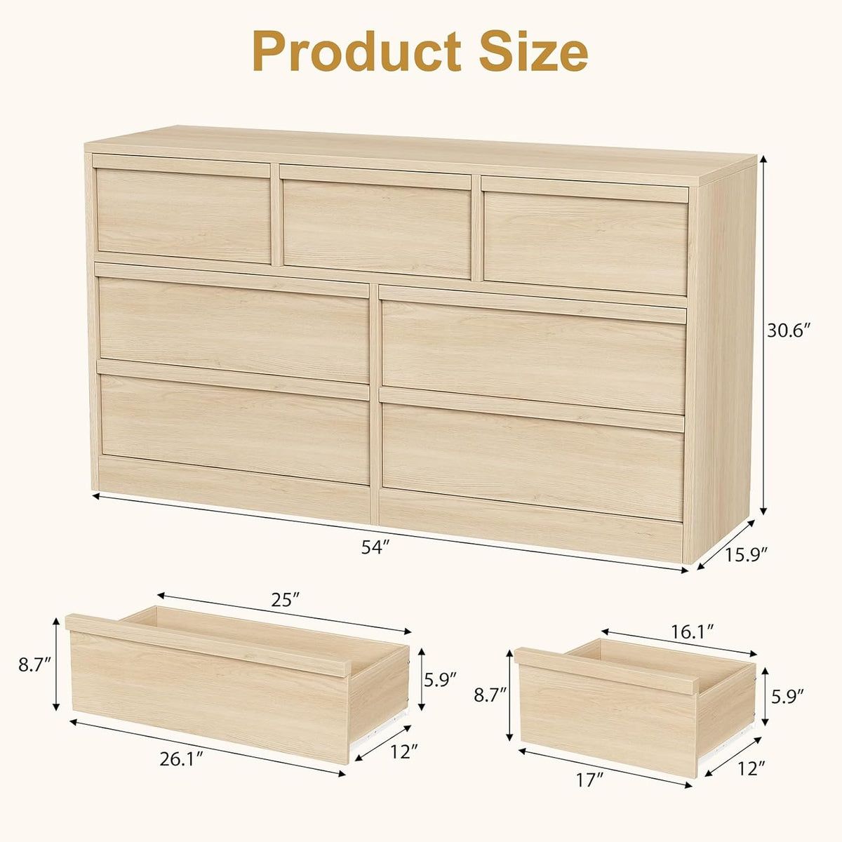 GarveeHome 7 Drawer Dresser for Bedroom, 54in Wide Natural Oak 7 Chest of Drawers with Large Storage, Wooden Dresser Organizer for Living Room, Nursery, Entryway