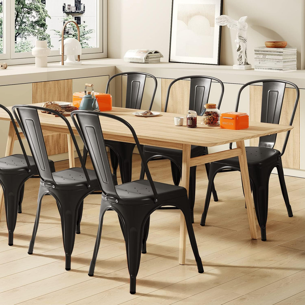 Furmax Metal Dining Chair Indoor-Outdoor Use Stackable Classic Trattoria Chair Chic Dining Bistro Cafe Side Metal Chairs Set of 4 (Black)