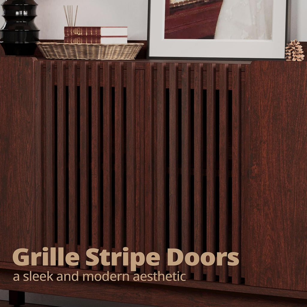 IRONCK 63" Storage Cabinet, Buffet Cabinet with Grille Doors and 2 Adjustable Shelves, Mid Century Sideboard for Kitchen, Dining Room, Entryway（Natural Red Walnut）