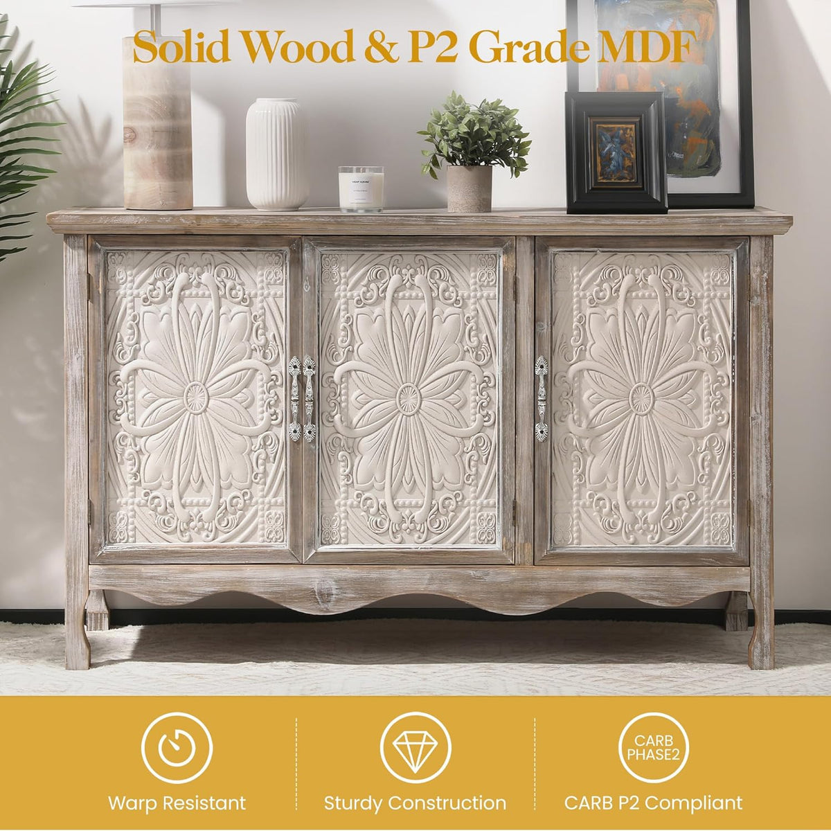 RoyalCraft Farmhouse Sideboard Buffet Cabinet with Storage, 49" Solid Wood Credenza Buffet Table Coffee Bar Wine Bar Storage Cabinet with 3 Doors for Dining Room Living Room Hallway, (Provence Gray)