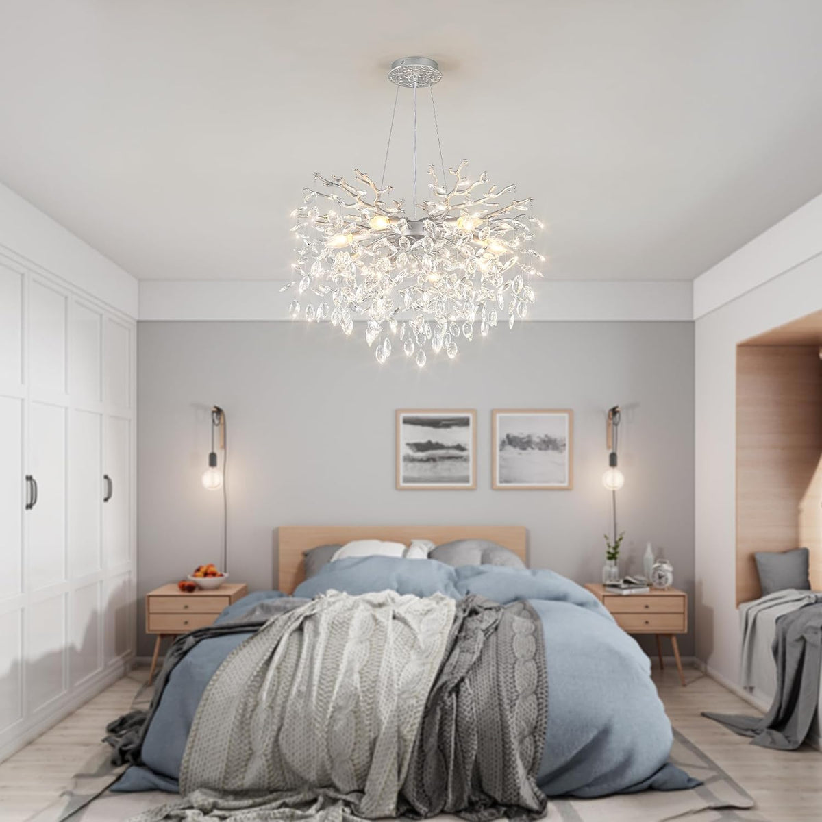 EGM 24-Inch Modern Crystal Chandeliers for Living Room, Silver Crystal Chandeliers for Dining Room, 8-Light Modern Raindrop Leaf Chandelier for Bedroom, Babyroom, E12