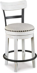 Signature Design by Ashley Valebeck Barstool, Rustic-Industrial Counter Height Chair, 360° Swivel, Wood & Metal Frame, Cushioned Seat, Ideal for Kitchen Island with Seating, Vintage White