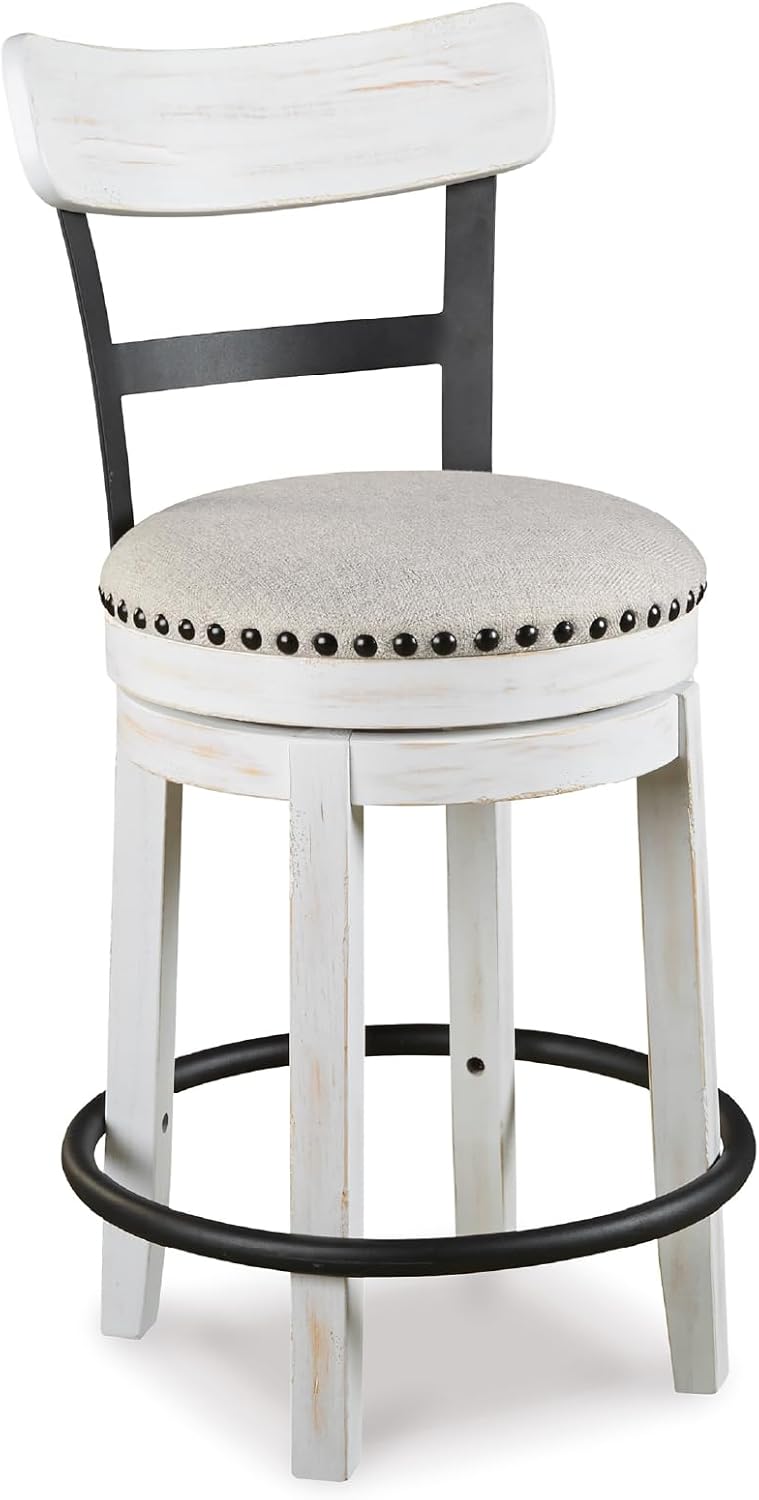 Signature Design by Ashley Valebeck Barstool, Rustic-Industrial Counter Height Chair, 360° Swivel, Wood & Metal Frame, Cushioned Seat, Ideal for Kitchen Island with Seating, Vintage White