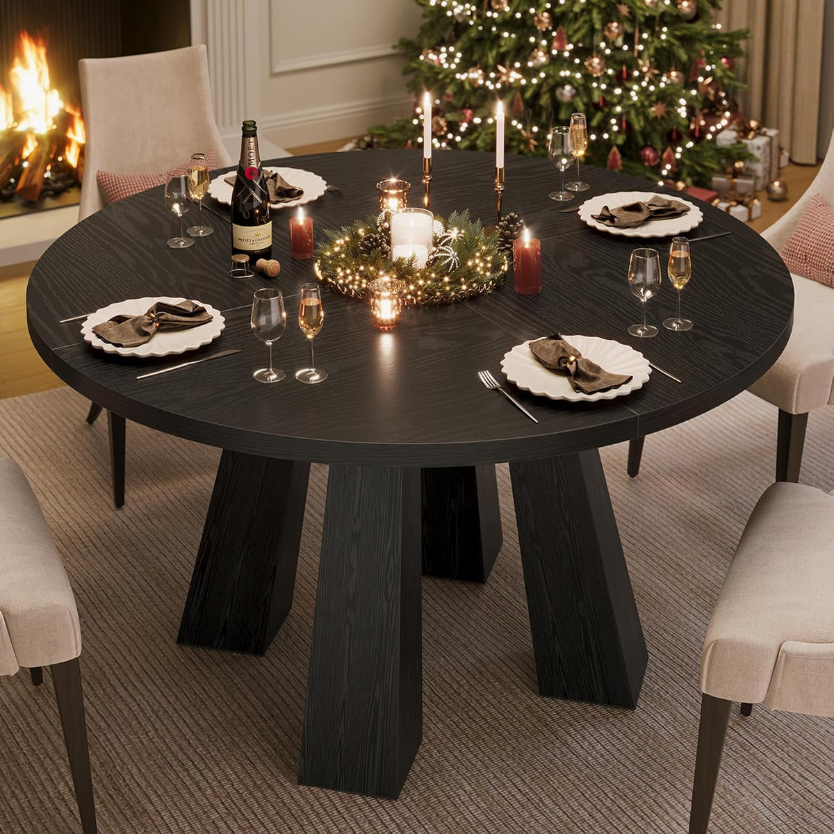 IDEALHOUSE 47" Round Dining Table for 4-6, Wood Kitchen Table with Sturdy Base, Farmhouse Circle Dinner Table for Dining Room, Living Room, 4 Strong Legs, Black