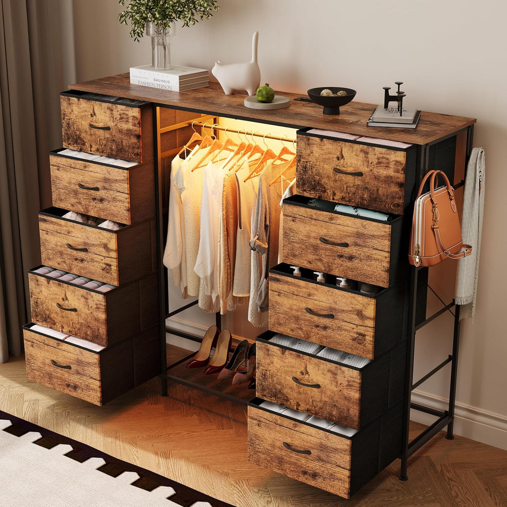LUMTOK 55W 2-in-1 Dresser with Hanging Rack, 10 Drawers Dresser for Bedroom,Dressers with Fabric Drawers,LED Lights, Charging Station and Hanging Racks for Bedroom (Rustic Brown)