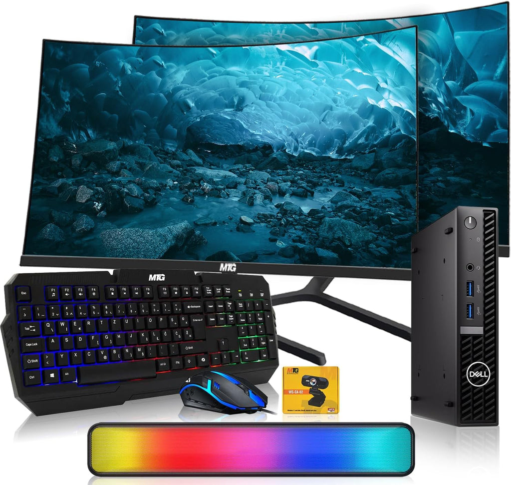 Dell Optiplex Tiny Mini Desktop PC, Intel Core i5, 16GB RAM, 1TB SSD with Dual 24 inch Curved Monitor, AI Enabled RGB Keyboard Mouse, RGB Soundbar and Webcam Windows 11 Pro (Renewed)