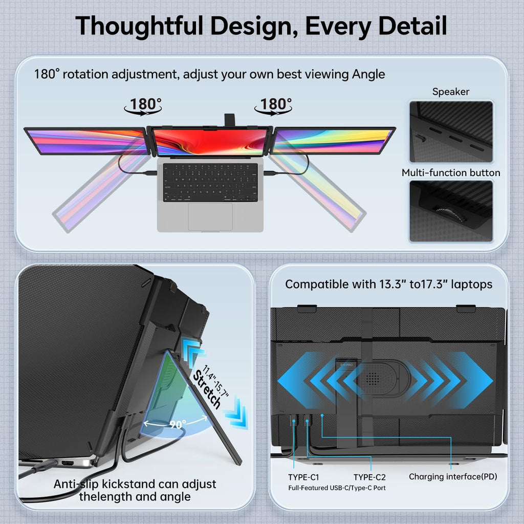 Laptop Screen Extender, 14" Ultra-Slim Triple Portable Monitor, 1080P FHD IPS Display, USB-C/HDMI Plug & Play, Monitor Extender for 13-17.3" Laptops, Mac/Windows/Chrome
