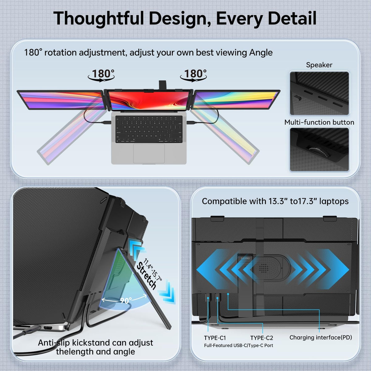 Laptop Screen Extender, 14" Ultra-Slim Triple Portable Monitor, 1080P FHD IPS Display, USB-C/HDMI Plug & Play, Monitor Extender for 13-17.3" Laptops, Mac/Windows/Chrome