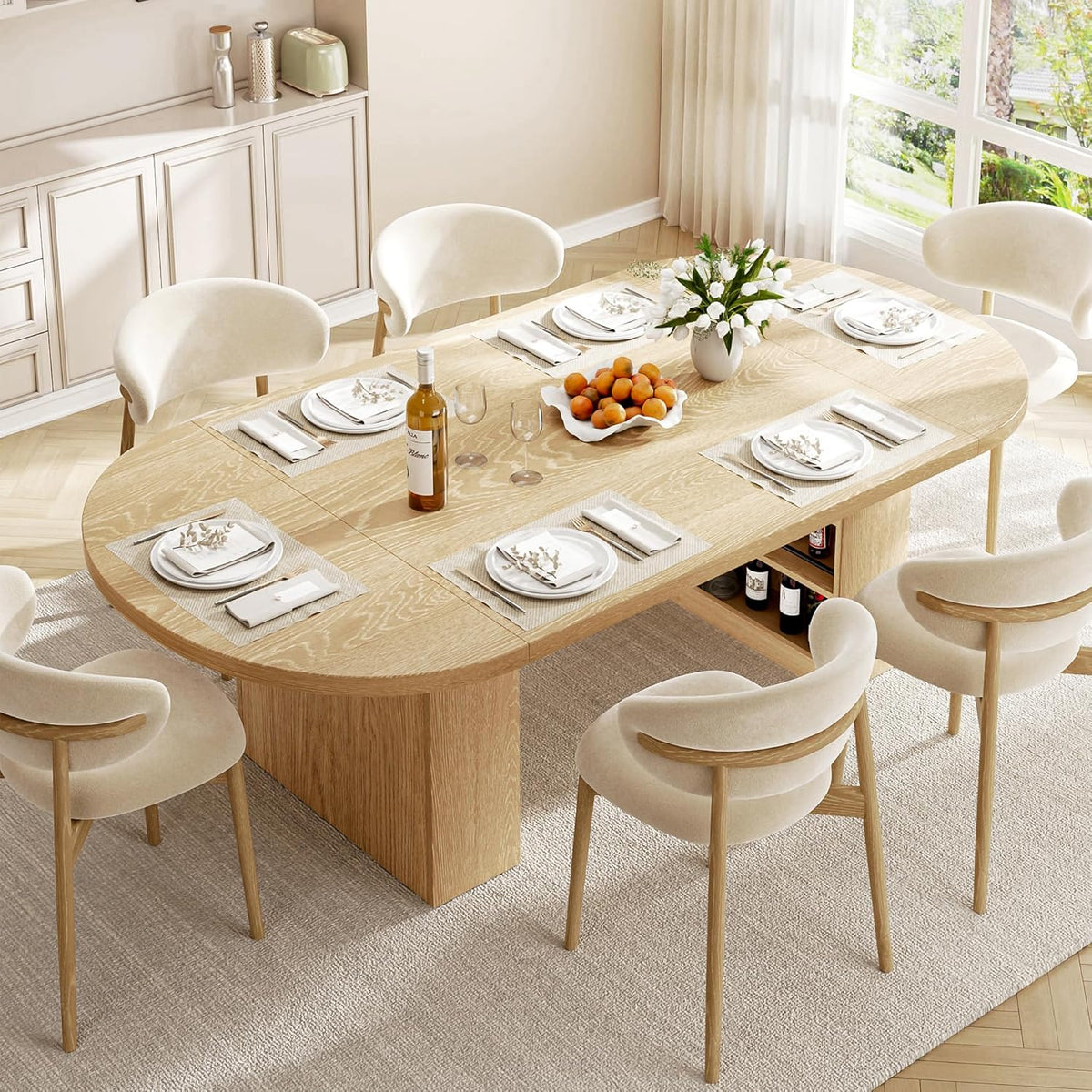 Jocoevol 78.7" Oval Dining Table for 8-10, Modern Dining Room Table with 3-Tier Storage Shelf, Wood Dinner Tables with Heavy Duty Pedestal Base for Kitchen Living Room - Natural