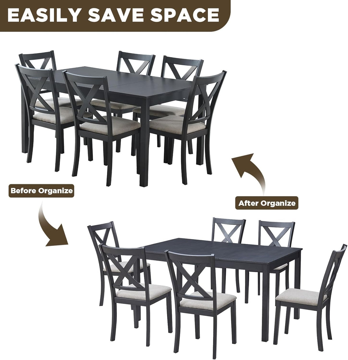 LUXOAK 7-Piece Solid Wood Dining Table Set, 60" Farmhouse Dining Table with 6 Chairs, Rectangular Table Set for 6, Kitchen & Dining Room Furniture, Grey & White