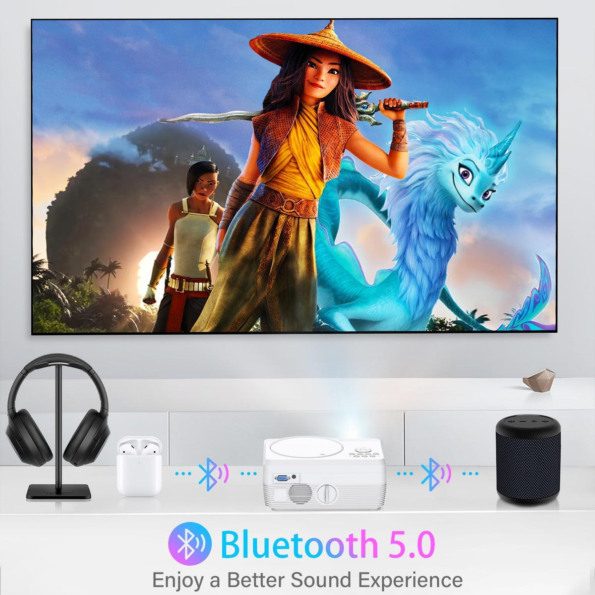 Full HD WiFi Bluetooth Projector Built in DVD Player, 12000LM 1080P Supported, Portable Mini DVD Projector for Outdoor Movies, 250" Home Theater, Compatible with iOS/Android/TV Stick/PS4/HDMI/USB/TF