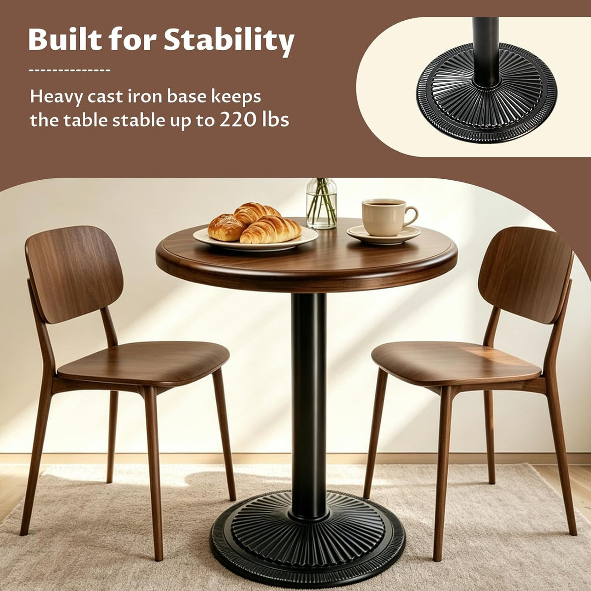 24 Inch Small Round Dining Table for 2, Sturdy Bistro Tulip Table with 1.57" Thick Tabletop, Stable Metal Pedestal Base, Easy Assembly, Space-Saving Kitchen Table for Apartment, Dining Room, Café, Pub