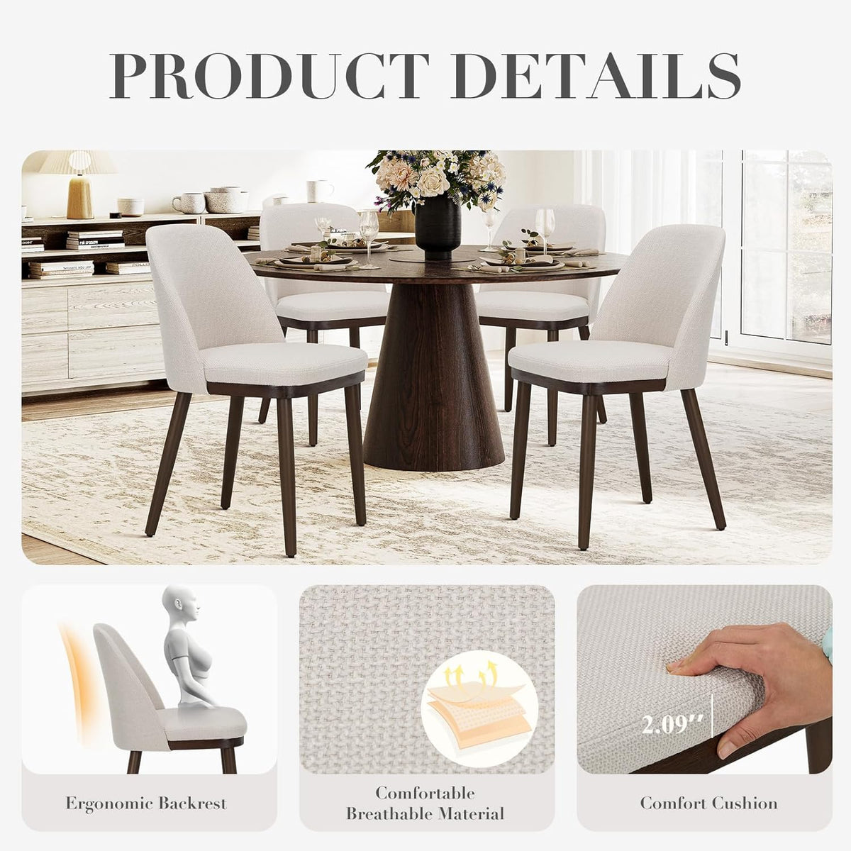 COLAMY Upholstered Dining Chairs Set of 4, Modern Kitchen Chairs with Back, Fabric Side Dining Room Chairs with Wood Legs for Kitchen Dining Room Restaurant, Beige