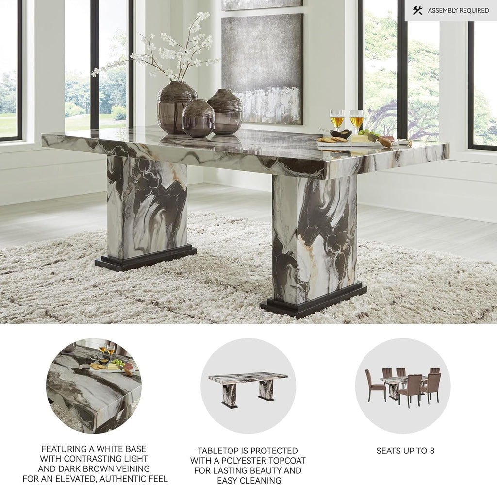 Signature Design by Ashley Jazmore Contemporary Dining Table with Double Pedestal Base, Dark Brown & Beige