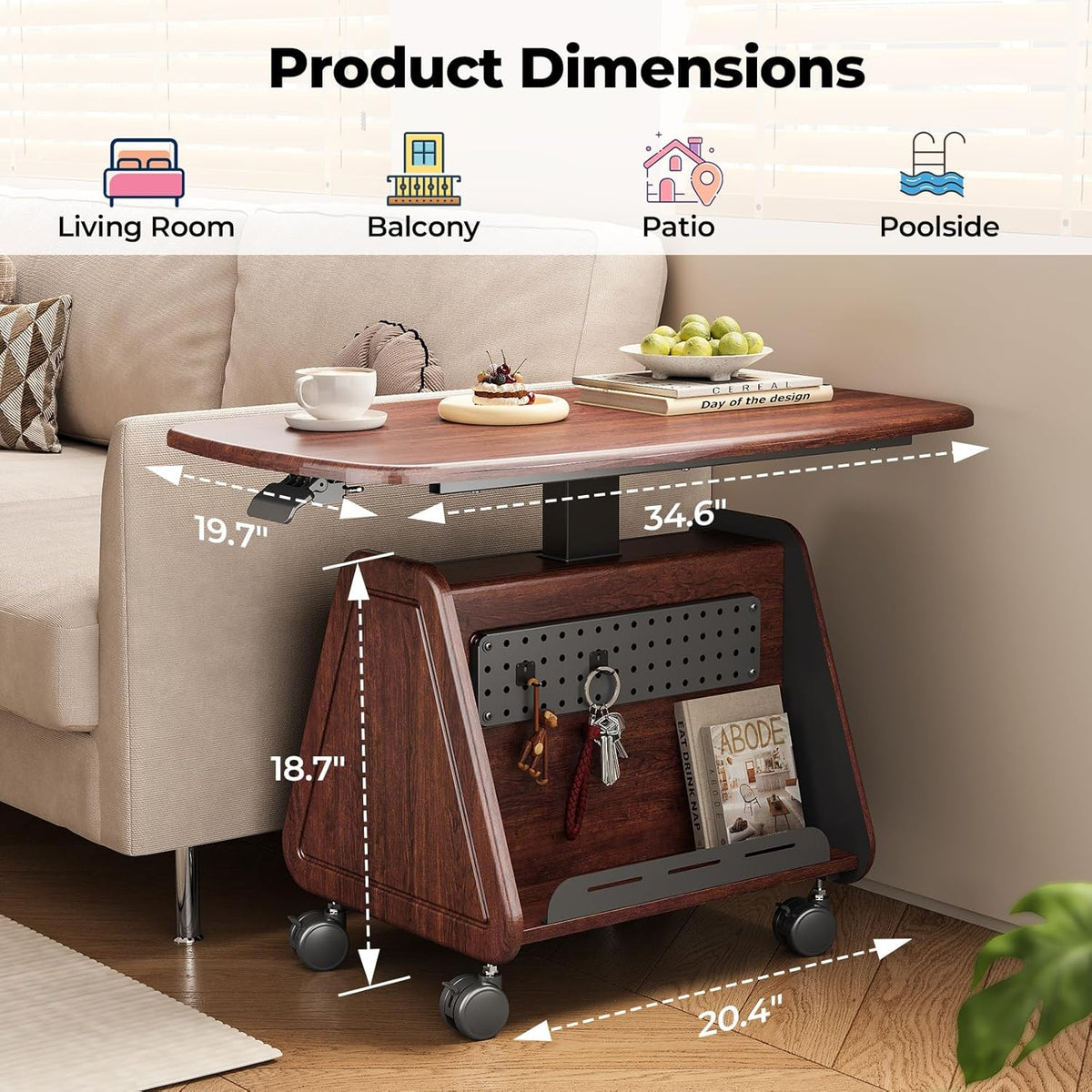Lift Top Coffee Table with Wheels, 35" × 20" Wooden Dining Center Table with Storage, Hidden Compartment & Pegboard, Small Mid Century Modern Table for Living Room, Dark Wood
