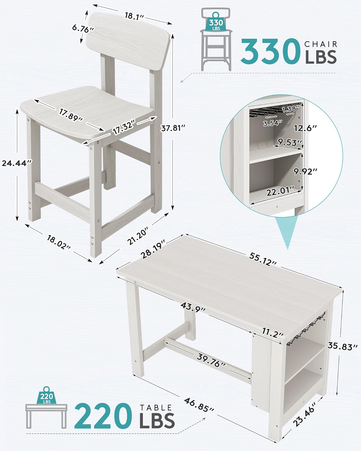 SERWALL 8-Piece HDPE Counter Height Dining Table Sets with Storage and Wine Rack, 2 Rectangular Bar Table with Bar Stools Set of 6 for Garden, Backyard, Kitchen, White