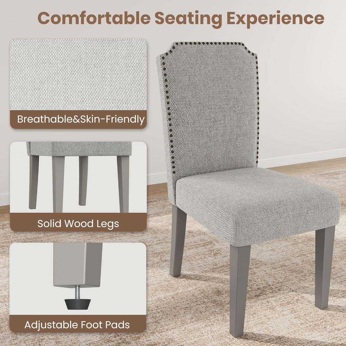 GarveeHome Upholstered Dining Chair Set, Solid Wood Chairs with Solid Wood Legs, Padded High Back Dining Chair with Nailhead Trim, Fabric Side Chair for Dining Room Kitchen Restaurant (Grey, 2PCS)