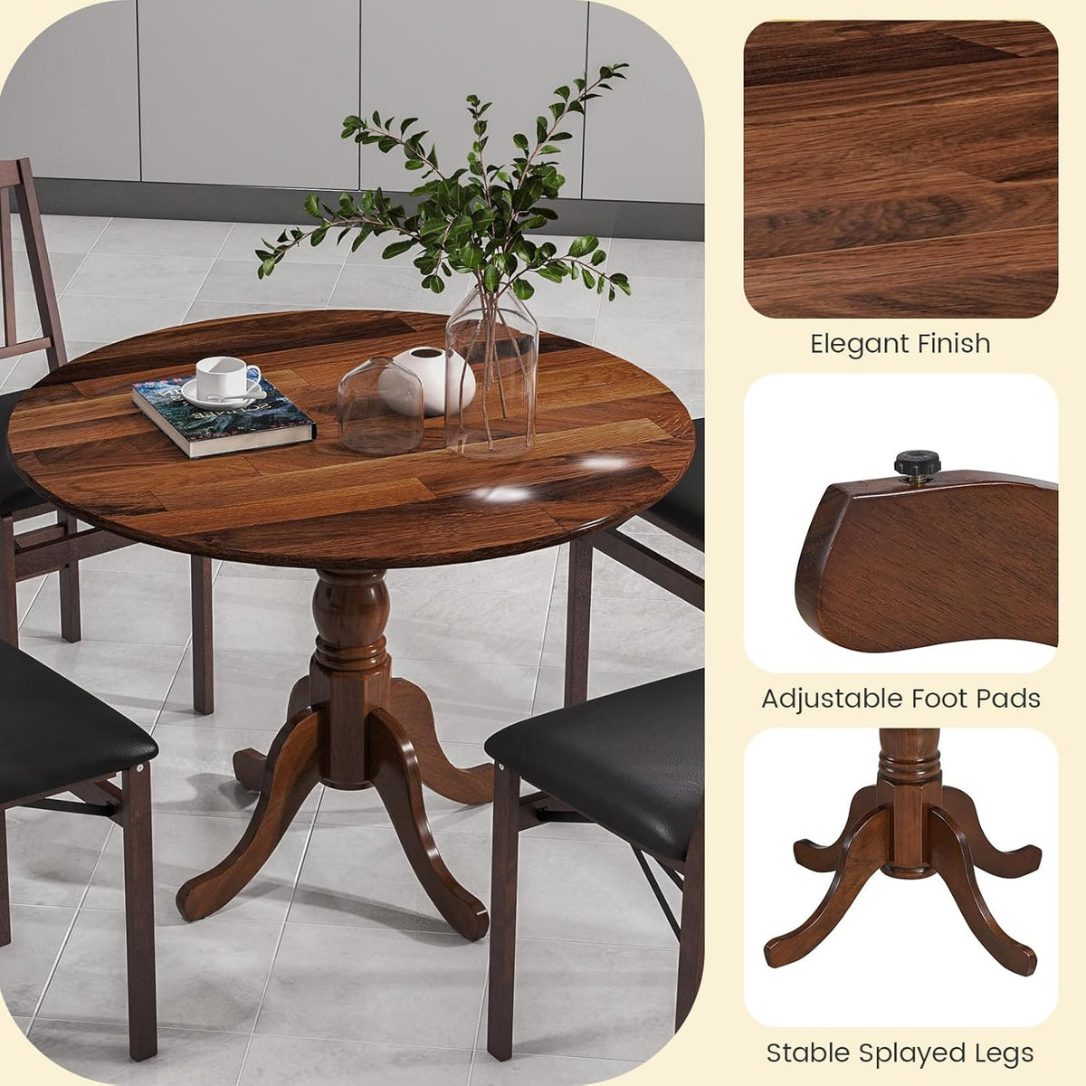 Giantex Round Dining Table, 39" D X 29" H, Rubber Wood Pedestal Table W/Round Tabletop & Curved Trestle Legs, 4-Person Dinner Table for Kitchen, Dining Room, Restaurant (Walnut)