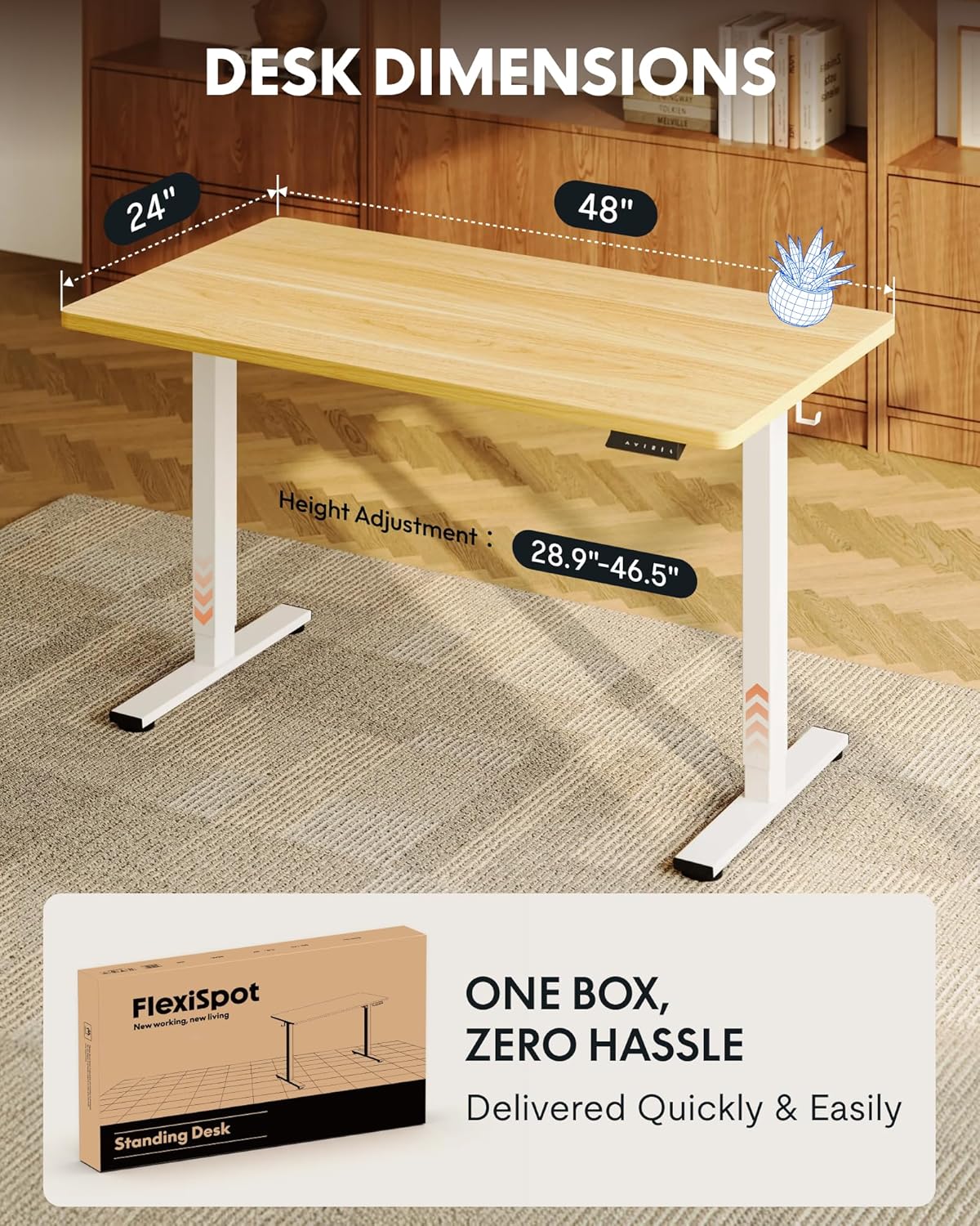 FLEXISPOT EN1 One-Piece Standing Desk, 48"x24" Seamless Desktop Electric Height Adjustable Desk for Home Office, Multi-Monitor Setups & Easy Assembly, Maple