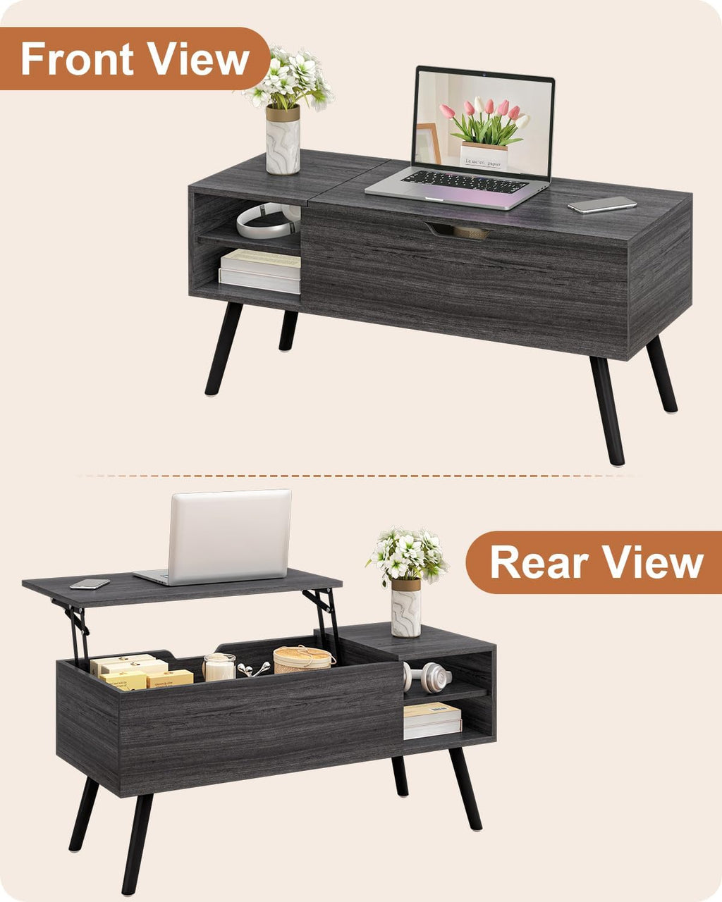 ALINE FURNITURE Gray Coffee Table Lift Top - Dark Grey Coffee Table with Solid Wood Legs, Hidden Storage Compartment & Open Shelves - 40" Rectangle Coffee Tables for Living Room