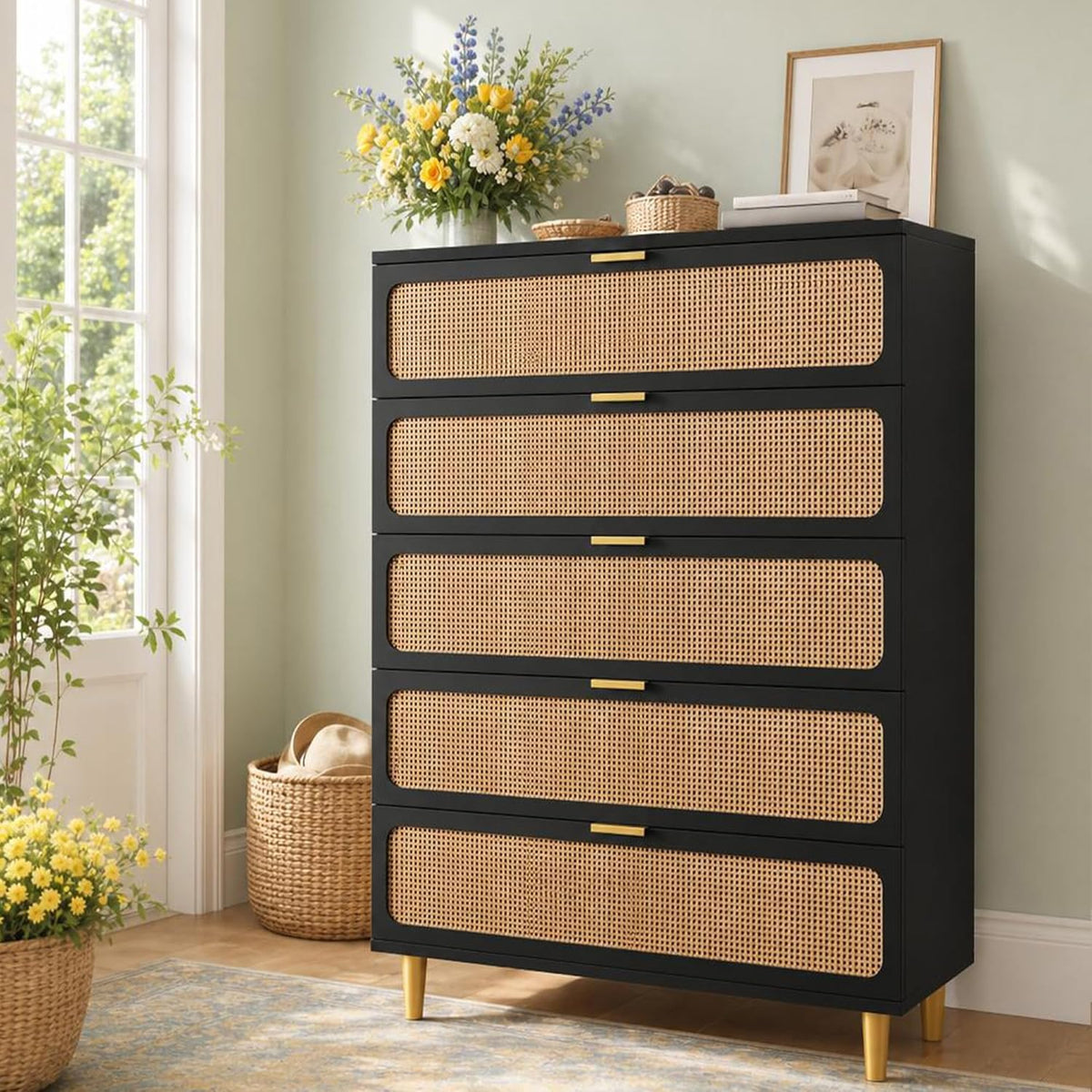 Garvee Rattan Dresser with 5 Drawers, Tall Modern Closet with Deep Storage, Large Chest of Drawers with Wide Top, Long Wooden Dresser for Bedroom, Living Room, Hallway, Kids Room, Black