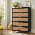 Garvee Rattan Dresser with 5 Drawers, Tall Modern Closet with Deep Storage, Large Chest of Drawers with Wide Top, Long Wooden Dresser for Bedroom, Living Room, Hallway, Kids Room, Black