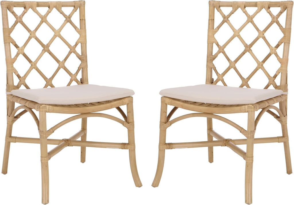 SAFAVIEH Home Collection - Haru Rattan Dining Chair Set of 2, Natural & Cream Upholstered Seat, Coastal Boho Accent Chair, Fully Assembled (SEA8039A)