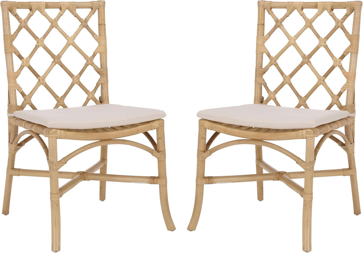 SAFAVIEH Home Collection - Haru Rattan Dining Chair Set of 2, Natural & Cream Upholstered Seat, Coastal Boho Accent Chair, Fully Assembled (SEA8039A)