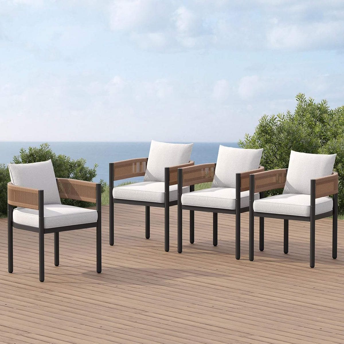 Grand patio Outdoor Dining Chairs Set of 4, 4 Pieces Patio Dining Chairs, Metal Woven Wicker Fixed Patio Chairs with Light Beige Cushions for Backyard, Deck, Garden, Porch, Lawn and Poolside (Natural)