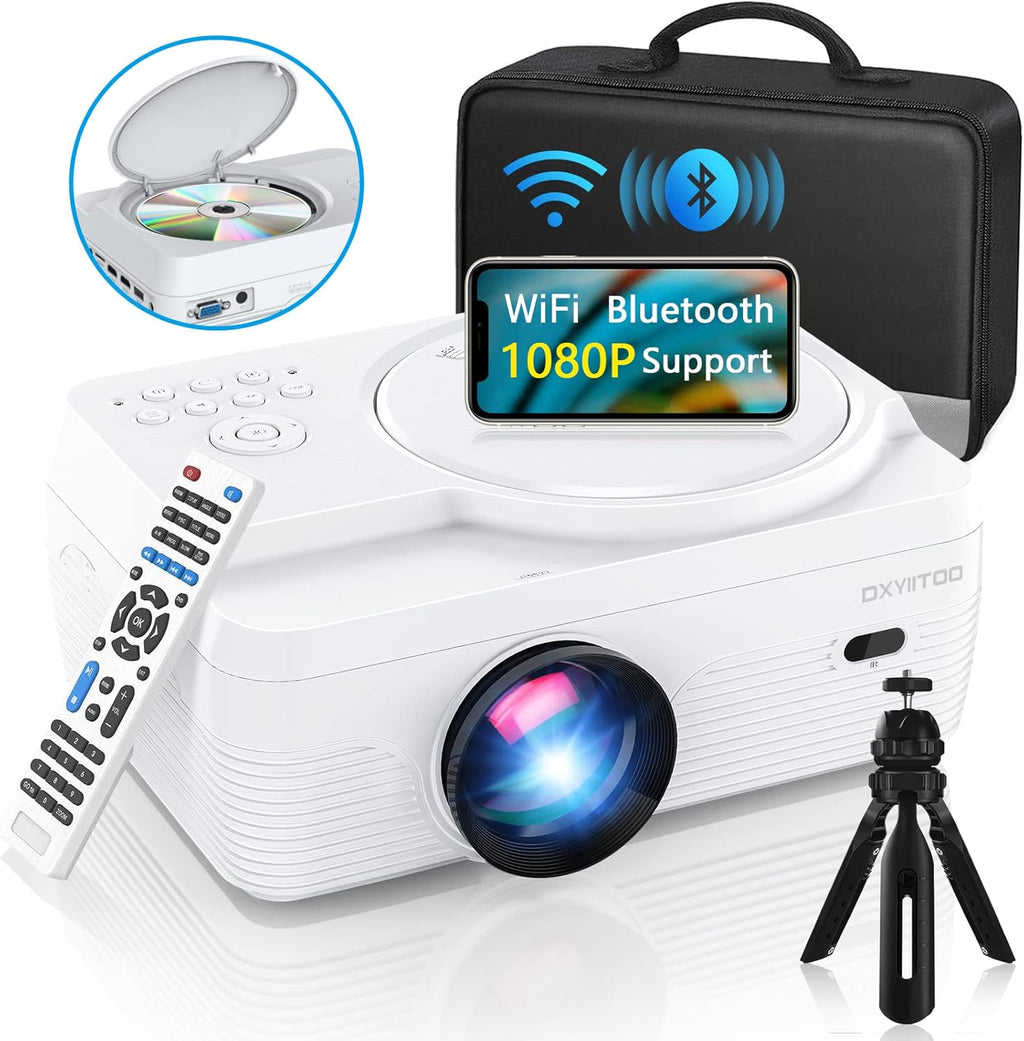 Full HD WiFi Bluetooth Projector Built in DVD Player, 12000LM 1080P Supported, Portable Mini DVD Projector for Outdoor Movies, 250" Home Theater, Compatible with iOS/Android/TV Stick/PS4/HDMI/USB/TF