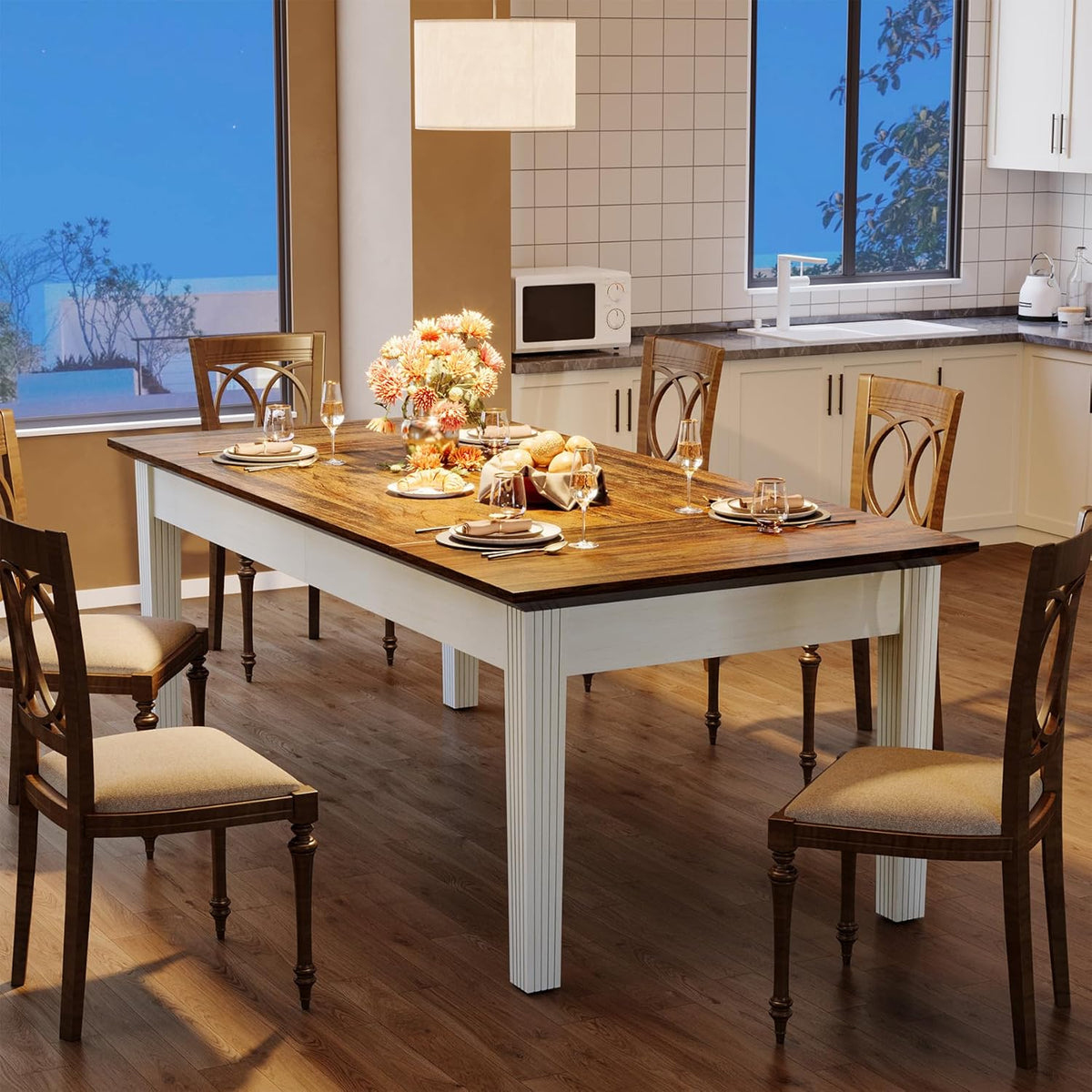 Tribesigns Dining Table for 4-6 People, 62-Inch Rectangular Kitchen Table with Solid Wood Legs, Modern Farmhouse Dinner Table for Dining Room, Kitchen, Living Room, Rustic Brown & Cream White