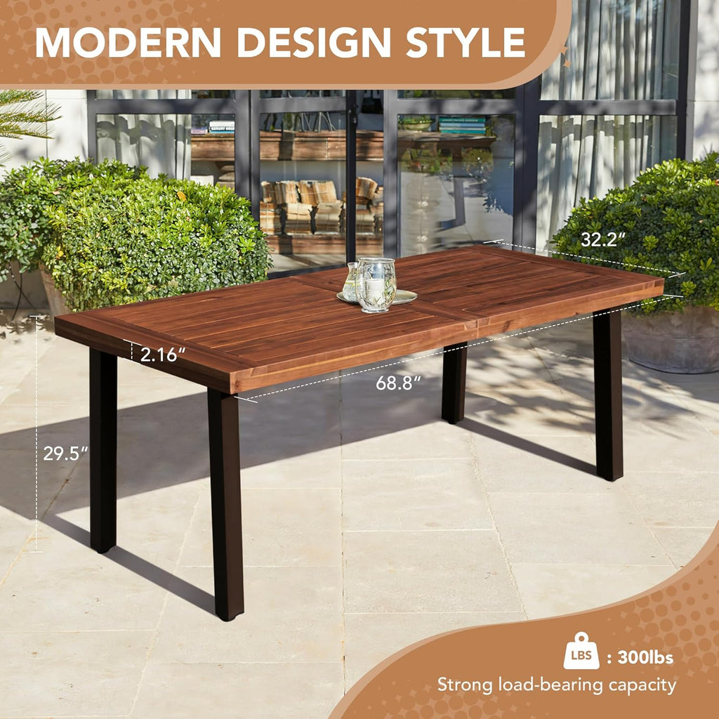 Devoko Home Acacia Wood Dining Table 6-Person Indoor Outdoor Table with Iron Legs, Sandblast Finish, Natural Stained, Rustic Metal, 69 * 33 * 30 inch (Walnut Brown)