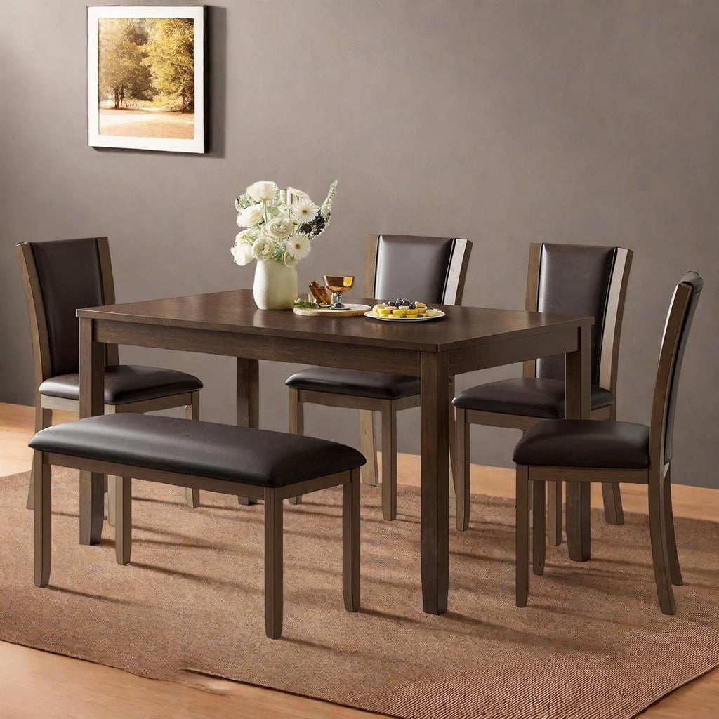 Dining Table Set for 6, Farmhouse 6 Piece Dining Room Table Set with Rectangular Table, 4 Upholstered Backrest Chairs and Bench, Counter Height Kitchen Sets with Warm Woodgrain Finish, Walnut