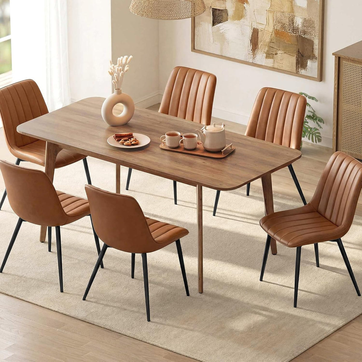 VASAGLE Dining Chairs Set of 6, Upholstered Kitchen Chairs, Synthetic Leather, Max. Load 264 lb, Steel Legs, Curved Backrest, for Dining Room, Caramel Brown and Ink Black ULDC090KN03-3J