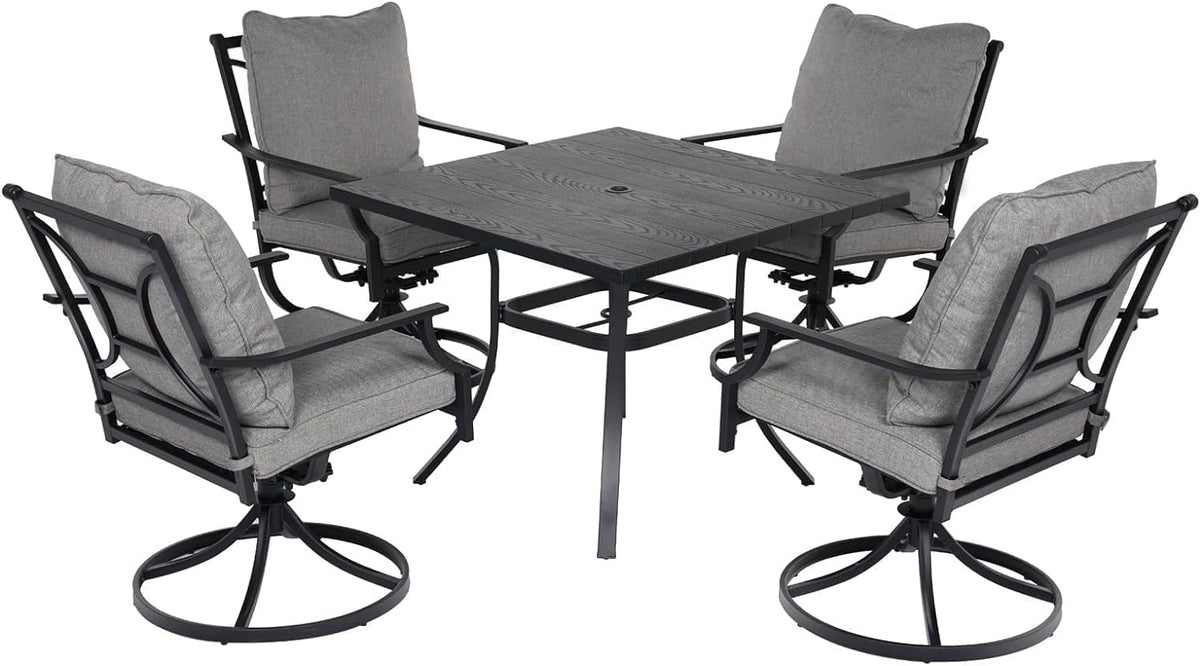 Grand patio 5-Piece Patio Dining Set for 4, E-Coated Outdoor Dining Set Swivel Patio Dining Chairs with Olefin Cushions & 1 Black Square Faux Woodgrain Dining Table with 1.5”Market Umbrella Hole