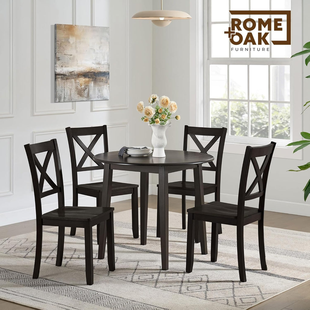 ROME + OAK Hinged Drop Leaf Dining Table, 22-36 Inch Round Tabletop with Sturdy Base, Dark Brown - Modern Solid Wooden Furniture Piece for Home
