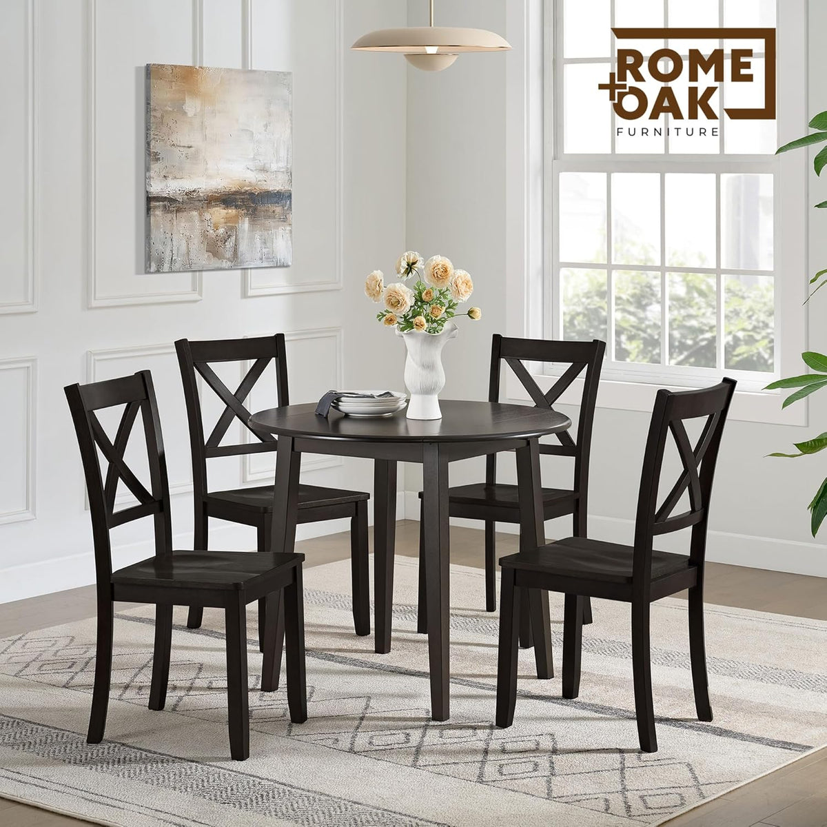ROME + OAK Hinged Drop Leaf Dining Table, 22-36 Inch Round Tabletop with Sturdy Base, Dark Brown - Modern Solid Wooden Furniture Piece for Home
