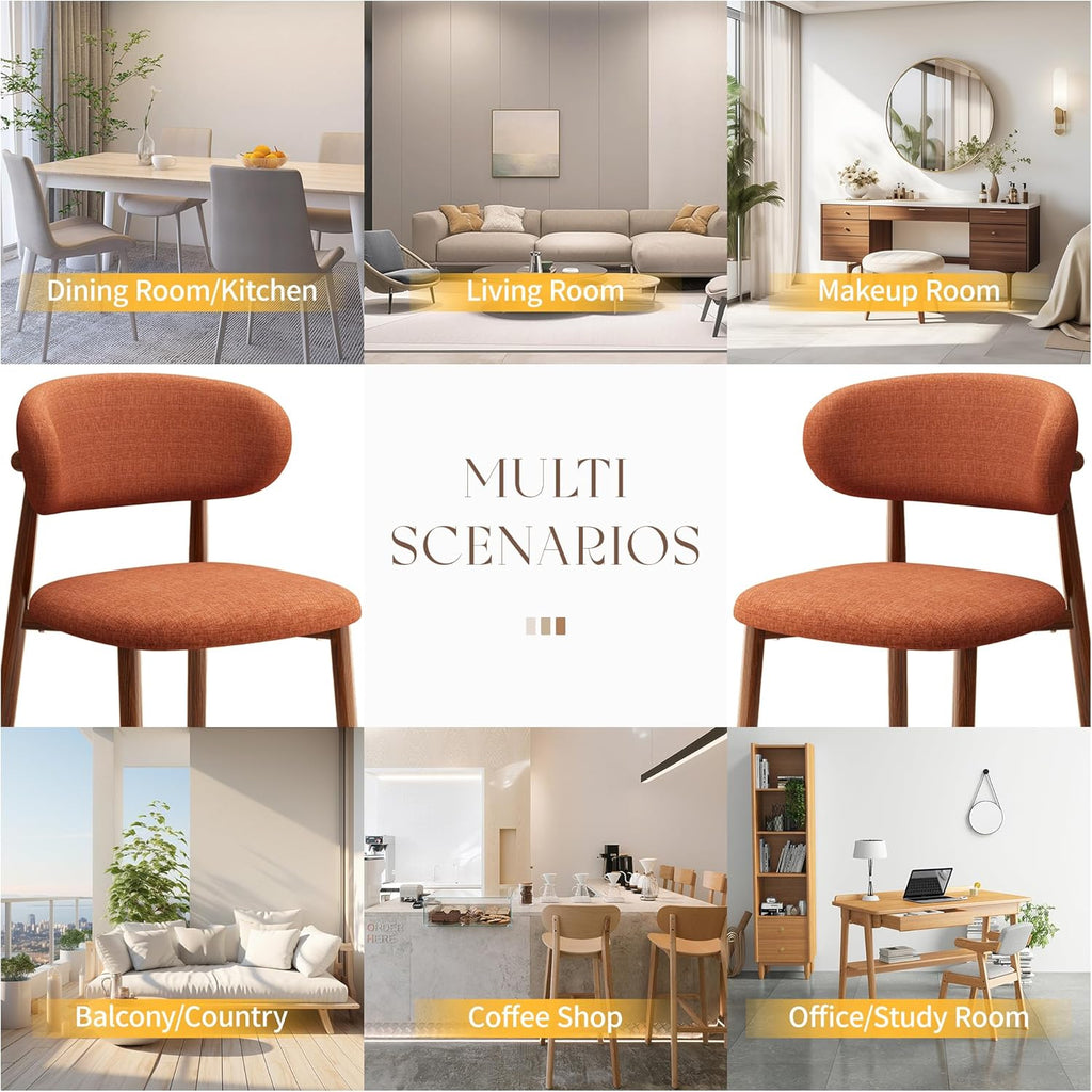 Kitchen Dining Chairs Set of 4 Modern Soft Linen Farmhouse Dining Room Chair with Metal Legs, Orange/Walnut