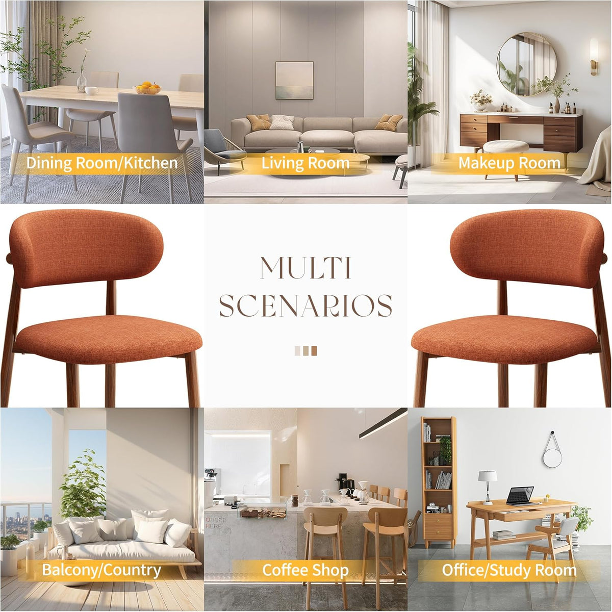 Kitchen Dining Chairs Set of 4 Modern Soft Linen Farmhouse Dining Room Chair with Metal Legs, Orange/Walnut