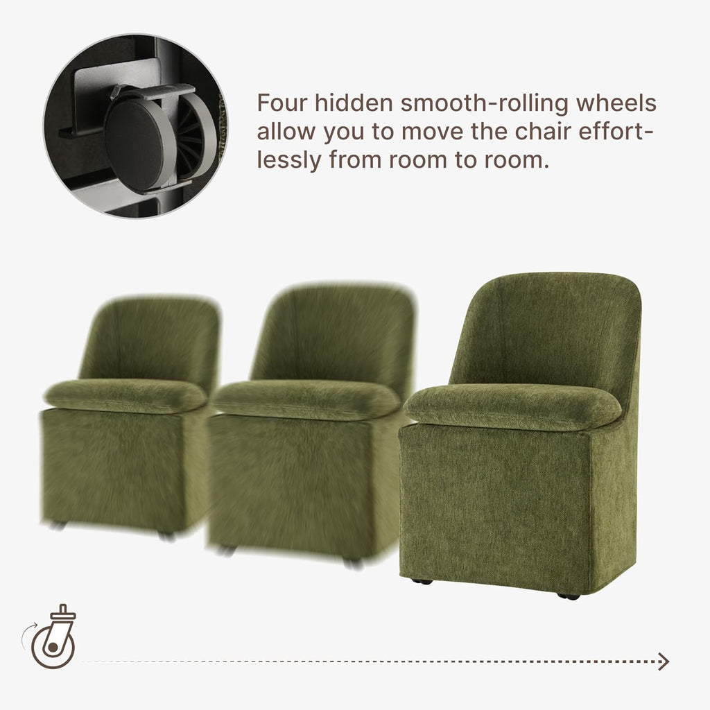 KISLOT Upholstered Dining Chairs with Casters, Washable Cover Modern Dining Room Chairs with Thick Cushion & Sturdy Metal Frame for Kitchen, Living Room, Dressing Room, Green Fabric, Set of 4