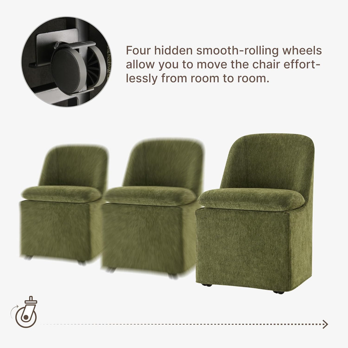 KISLOT Upholstered Dining Chairs with Casters, Washable Cover Modern Dining Room Chairs with Thick Cushion & Sturdy Metal Frame for Kitchen, Living Room, Dressing Room, Green Fabric, Set of 4