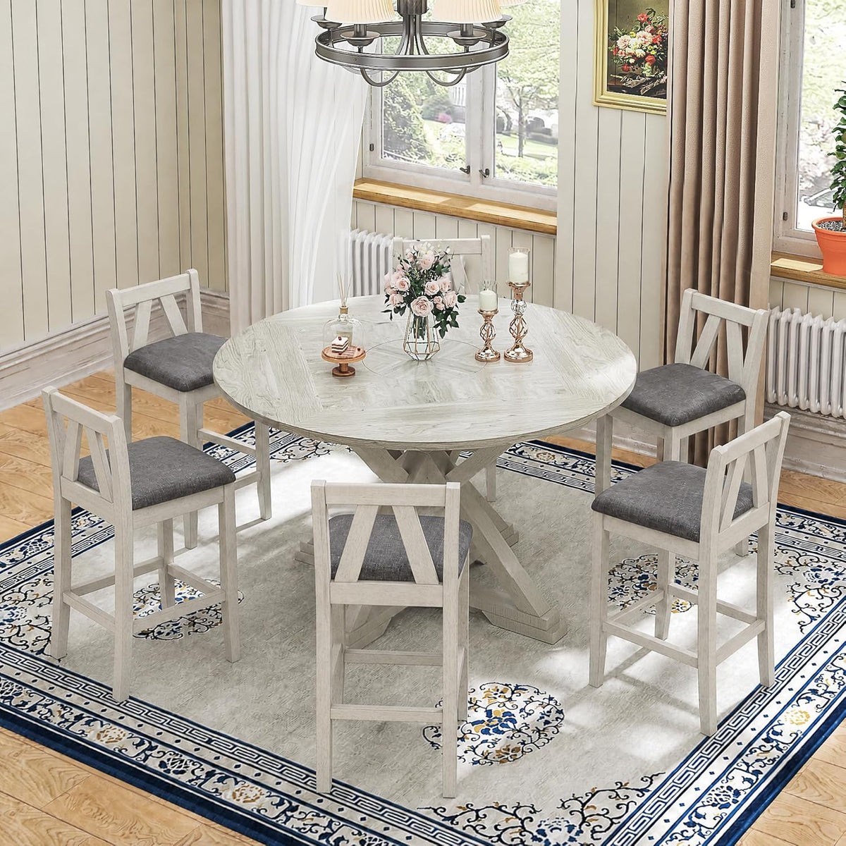 VECELO 7-Piece Solid Wood Foldable Dining Table Set for 6, Farmhouse Round Dining Table with 6 Upholstered Dining Chairs for Dining Room, Kitchen, Washed Gray