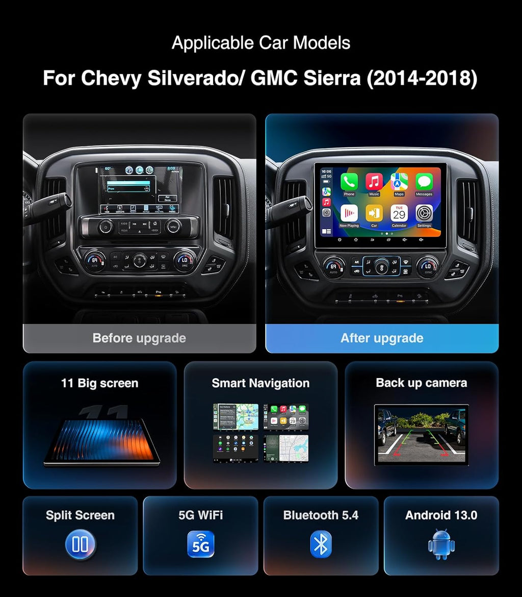 11“ Car Radio Stereo for Chevy Silverado 2014-2018 GMC Upgrade 5G WiFi 4+64G Wireless Carplay/Android Auto/GPS/Bluetooth/FM Radio/1080P SWC