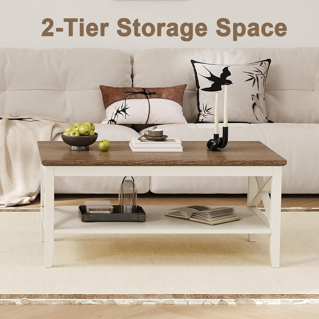 ChooChoo Farmhouse Coffee Table, Wooden Coffee Tables with Thicker Legs, White Coffee Table with Storage for Living Room