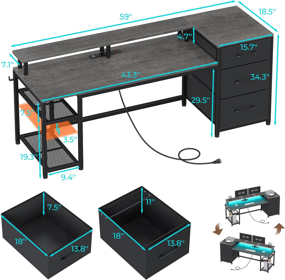 SEDETA 59" Office Desk with File Drawers, Reversible Computer Gaming Desk with Storage, LED Lights & Power Outlet, Home Office Desks for Printer, Grey