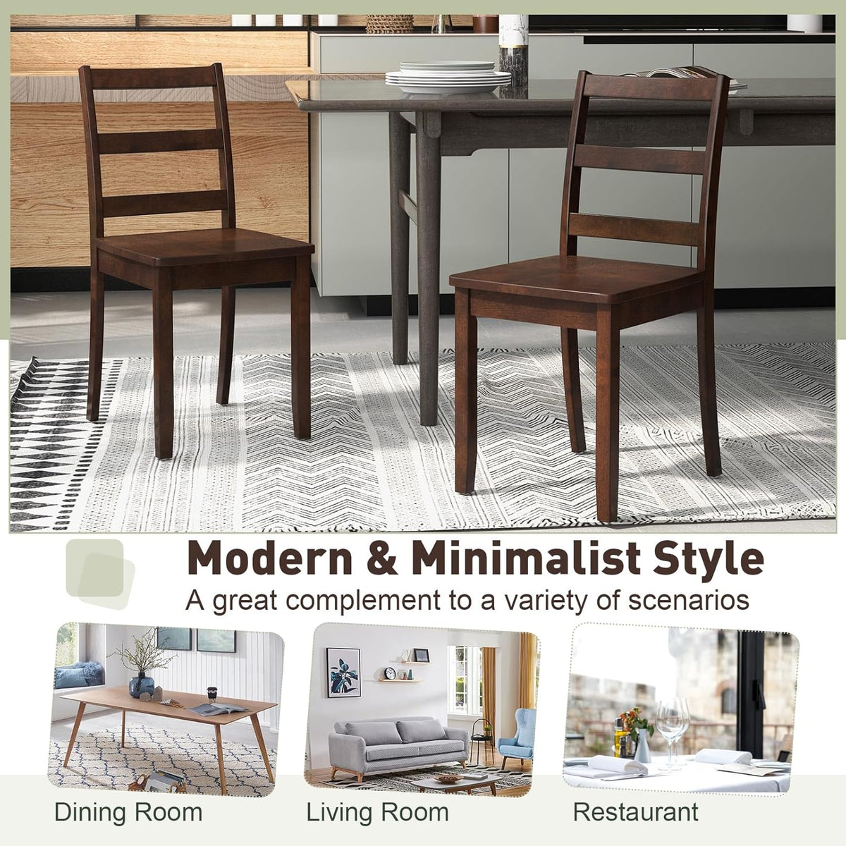 Giantex Wood Dining Chairs Set of 4 Walnut- Wooden Armless Kitchen Chairs with Solid Rubber Wood Legs, Non-Slip Foot Pads, Max Load 400 Lbs, Farmhouse Style High Ladder Back Dining Room Chairs